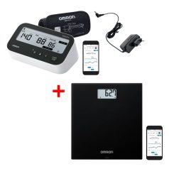   OMRON M4 connect AFib vérnyomásmérő + HN-300T2 Intelli IT fekete személymérleg + adapter