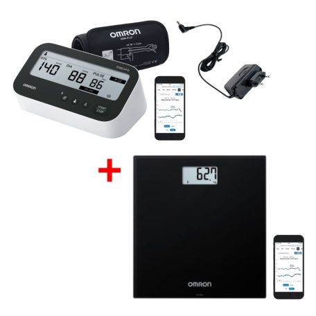 OMRON M4 connect AFib vérnyomásmérő + HN-300T2 Intelli IT fekete személymérleg + adapter